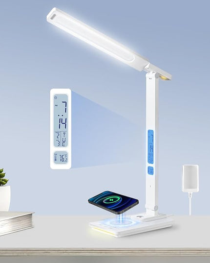 Led Desk Lamp with Wireless Charger, White Desk Lamps for Home Office with Clock, Alarm, Date, Temperature | Desk Light with Night Light, 46 Min Auto Timer | Touch Control Smart Lamp for College, Dorm - LeafyLoom