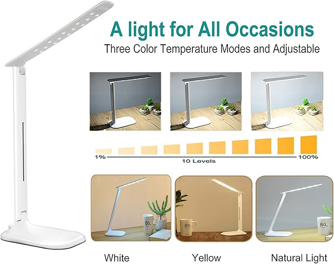 LaiduoleLED Desk Lamp with 3 Lighting Modes, 3 Brightness Level, Dimmable Foldable Eye-Caring 7W Desk Lamp with Touch Control for Studying Working Reading (White) - LeafyLoom