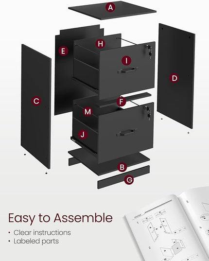 VASAGLE 2-Drawer Vertical File Cabinet, Filing Cabinet for Home Office, Printer Stand, with 2 Lockable Drawers, Adjustable Hanging Rail, for A4 and Letter-Size Files, Ink Black UOFC061B16 - LeafyLoom