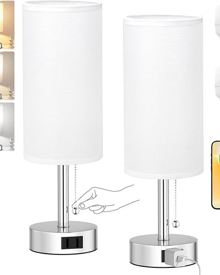 White Silver Bedside Table Lamps Set of 2-3 Color Temperatures Pull Chain Lamp with AC Outlet Charging Port, Two Round Night Stand Lamps for Bedroom, Small Bed Side Light with E26 LED Bulbs - LeafyLoom
