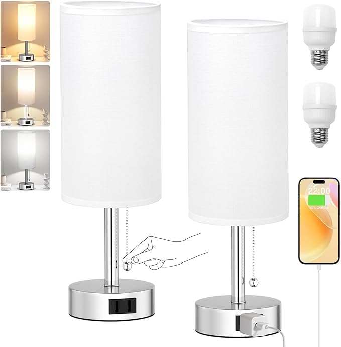 White Silver Bedside Table Lamps Set of 2-3 Color Temperatures Pull Chain Lamp with AC Outlet Charging Port, Two Round Night Stand Lamps for Bedroom, Small Bed Side Light with E26 LED Bulbs - LeafyLoom
