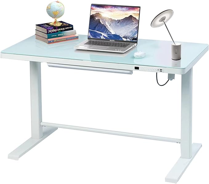 45.27 * 23.6 Height Adjustable Electric Standing Desk with Storage Sit Stand Desk Stand Up Desk Computer Desk Home Office Desk Tempered Glass Desktop (Tempered Glass/White Frame) - LeafyLoom
