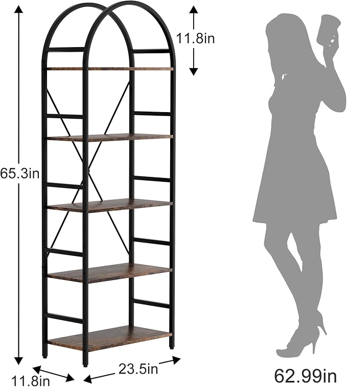 5-Tier Bookshelf, 24 Inch Width Industrial Arched Bookcase, Vintage Storage Rack with Open Shelves, Free Standing Shelf for Home Office, Living Room,Bedroom, Rustic Brown - LeafyLoom