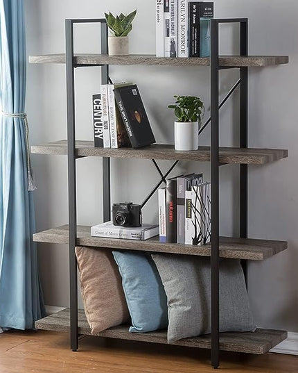 HSH 4-shelf Vintage Industrial Bookshelf, Rustic Gray Wood and Metal 4 Tier Bookcase, Open Wide Etagere Book Shelf for Home Office Livingroom Bedroom Dispaly, Light Grey Oak - LeafyLoom