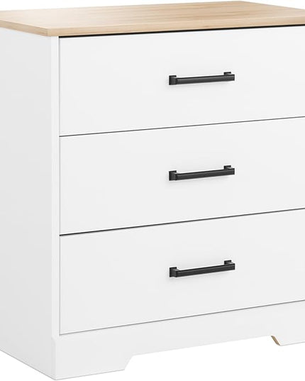 Prepac Three Drawer Nightstand, 16.25" D x 27.5" W x 26.75" H, White & Oak - LeafyLoom