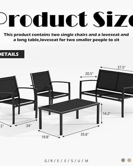 Greesum 4 Pieces Patio Furniture Set, Outdoor Conversation Sets for Patio, Lawn, Garden, Poolside with A Glass Coffee Table, Black - LeafyLoom