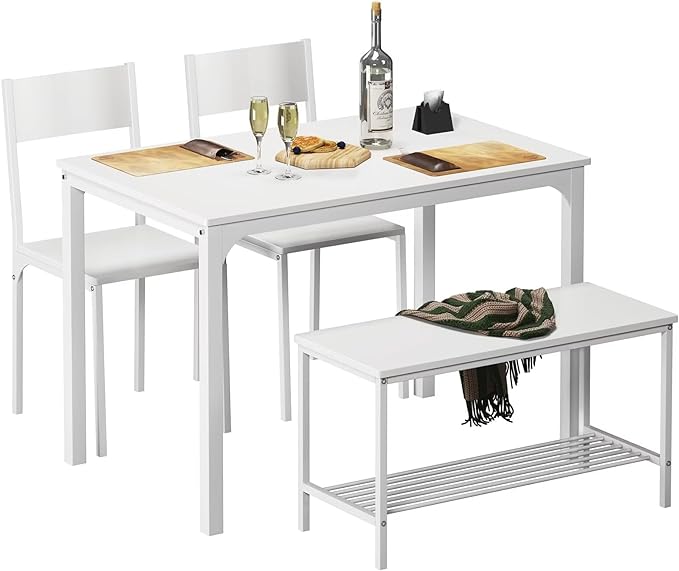 SDHYL Dining Table Set for 4,Kitchen Table with Bench and Chairs,Wooden Table Top with Metal Legs for Breakfast in Living Room, Kitchen Room, Dining Room,Space Saving Kitchen Table Set,White - LeafyLoom