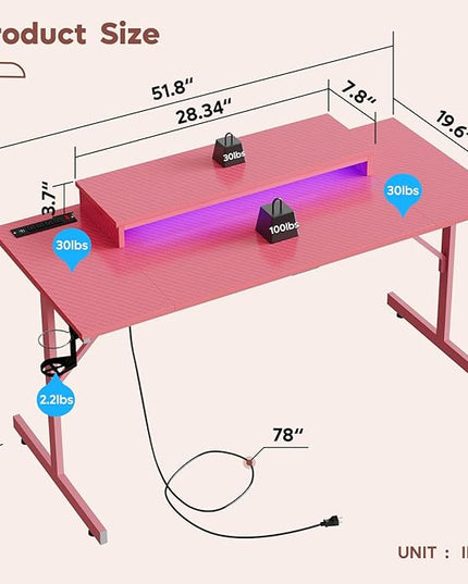Bestier Gaming Desk with Power Outlets and USB Charging Ports, 52 Inch LED Small Computer Desk with Monitor Stand, Home Office Desk with Cup Holder & Headset Hooks, Desk for Office, Carbon Fiber Pink - LeafyLoom