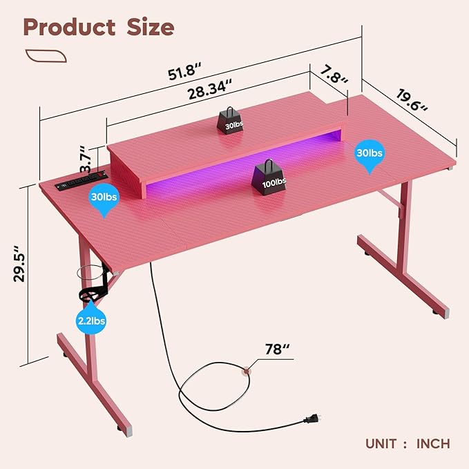 Bestier Gaming Desk with Power Outlets and USB Charging Ports, 52 Inch LED Small Computer Desk with Monitor Stand, Home Office Desk with Cup Holder & Headset Hooks, Desk for Office, Carbon Fiber Pink - LeafyLoom