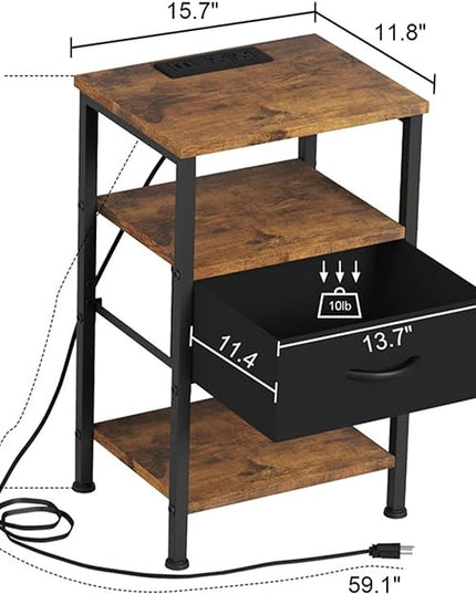 Fixwal Night Stand with Charging Station, Adjustable Bed Side Table with Fabric Drawer, Farmhouse End Table Bedroom, Bedside Table with Storage, Rustic Brown - LeafyLoom