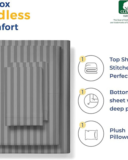 THREAD SPREAD Striped Egyptian Cotton Sheets Twin XL Size - 600 Thread Count 3 PC Damask Twin XL Sheets Deep Pockets, Sateen Weave College Dorm Bedding Twin XL, Fits Mattress upto 18" - Dark Grey - LeafyLoom