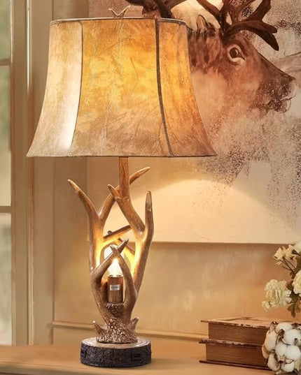 Dungoo Rustic Western Deer Table Lamps with Nightlight Set of 2, 26" Rustic Bedside Lamps for Bedroom with 2 USB Ports, Natural Antler Table Lamp for Christmas Living Room Gift Foyer Office - LeafyLoom