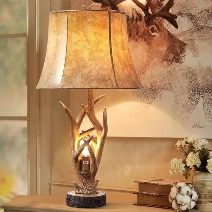Dungoo Rustic Western Deer Table Lamps with Nightlight Set of 2, 26" Rustic Bedside Lamps for Bedroom with 2 USB Ports, Natural Antler Table Lamp for Christmas Living Room Gift Foyer Office - LeafyLoom