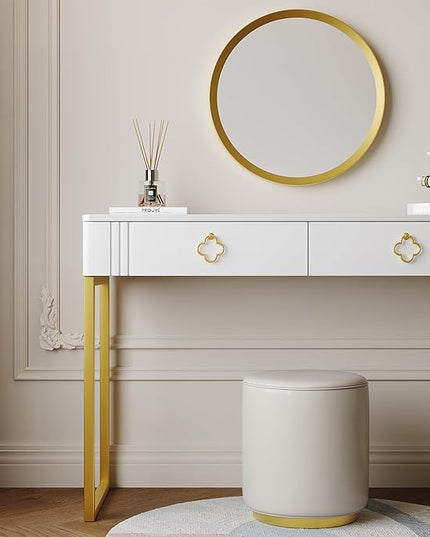 White Desk with Drawers,Modern Laptop Table with gold metal legs,43 inch Makeup Vanity Small Desk with Storage, Stylish & Functional Computer Desk Work Stations for Home Office - LeafyLoom