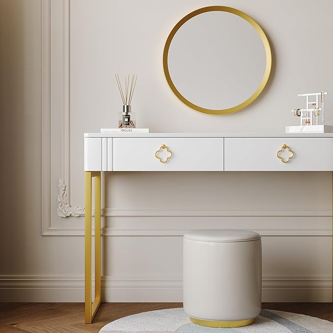 White Desk with Drawers,Modern Laptop Table with gold metal legs,43 inch Makeup Vanity Small Desk with Storage, Stylish & Functional Computer Desk Work Stations for Home Office - LeafyLoom