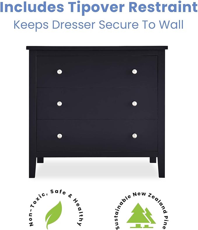 Delta Children Campbell 3 Drawer Dresser, Midnight Grey - LeafyLoom