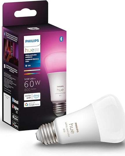 Philips Hue Smart 60W A19 LED Bulb - White and Color Ambiance Color-Changing Light - 1 Pack - 800LM - E26 - Indoor - Control with Hue App - Works with Alexa, Google Assistant and Apple Homekit PhilipsHue