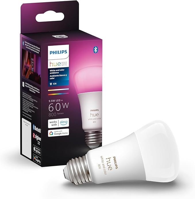 Philips Hue Smart 60W A19 LED Bulb - White and Color Ambiance Color-Changing Light - 1 Pack - 800LM - E26 - Indoor - Control with Hue App - Works with Alexa, Google Assistant and Apple Homekit PhilipsHue
