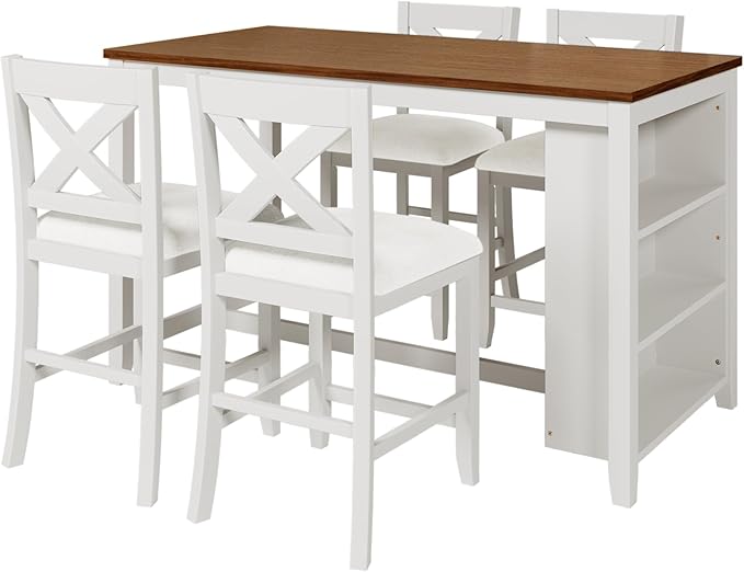 Farmhouse Style Counter Height Rustic wit 4 Chairs, Long-Lasting Solid Rubber Wooden Bar, Easy Assembly, Room, Kitchen, 5 Piece Dining Table Set, White 20 - LeafyLoom