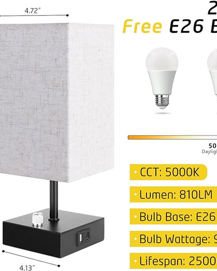 Fully Dimmable Table Lamps Set of 2,Small Table Lamp for Bedroom Kids Room, Bedside Lamp with USB C + A Ports & AC Outlet, Square Beige Fabric Shade Black Metal Base(LED Blubs Included). - LeafyLoom