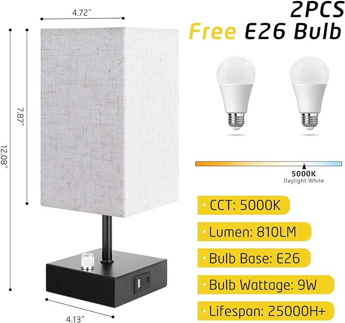 Fully Dimmable Table Lamps Set of 2,Small Table Lamp for Bedroom Kids Room, Bedside Lamp with USB C + A Ports & AC Outlet, Square Beige Fabric Shade Black Metal Base(LED Blubs Included). - LeafyLoom