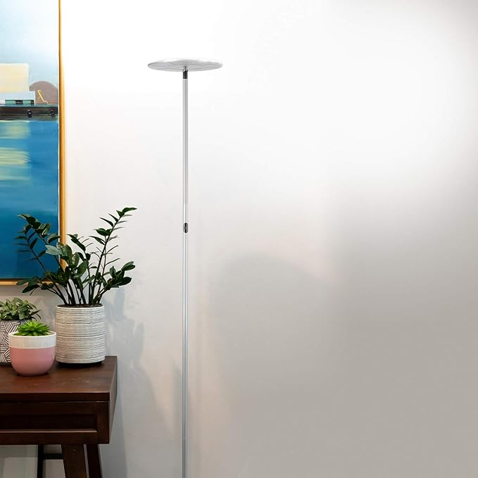 Brightech Sky LED Floor lamp, Torchiere Super Bright Floor Lamp for Living Rooms & Offices - Dimmable, Tall Standing Lamp for Bedroom Reading - Platinum Silver - LeafyLoom