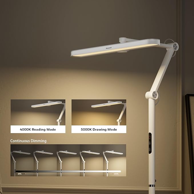 Honeywell LED Floor Lamp Mordern - 05D01 Sunturalux™ Dimmable Floor Lamp for Living Room Standing Lamp with 1500LM, 5000K Eye-Caring Standing Light for Home Office Bedroom White - LeafyLoom