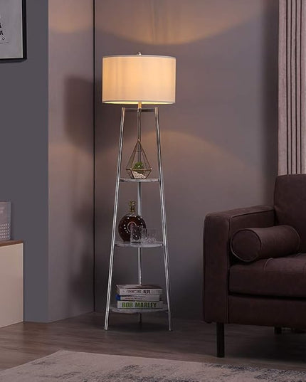 Floor Lamp, Standing Reading Light with Faux Marble Shelves and Fabric Shade, Modern Tall Pole Lamp, Accent Furniture Décor Lighting for Living Room, Bedrooms Silver - LeafyLoom
