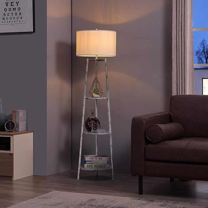 Floor Lamp, Standing Reading Light with Faux Marble Shelves and Fabric Shade, Modern Tall Pole Lamp, Accent Furniture Décor Lighting for Living Room, Bedrooms Silver - LeafyLoom