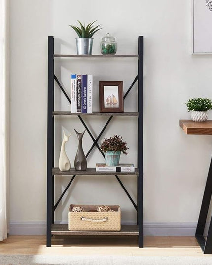 BON AUGURE Rustic Ladder Bookshelf, 4 Tier Industrial Ladder Shelf Bookcase, Standing Leaning Book Shelves for Living Room (Dark Gray Oak) - LeafyLoom