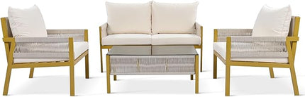 4-Piece Patio Conversation Furniture Set, Rope Weave Outdoor Loveseat Sofa with 2 Armchairs, Thick Cushion&Tempered Glass Table, for Garden Backyard, Onesize, Beige+Mustard Yellow - LeafyLoom