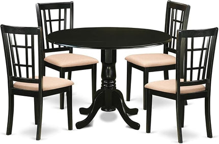 East West Furniture DLNI5-BLK-C 5 Piece Modern Set Includes a Round Wooden Table with Dropleaf and 4 Linen Fabric Kitchen Dining Chairs, 42x42 Inch - LeafyLoom