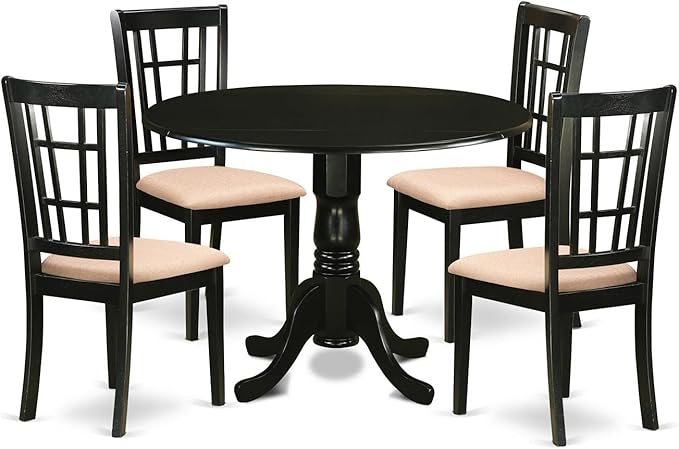 East West Furniture DLNI5-BLK-C 5 Piece Modern Set Includes a Round Wooden Table with Dropleaf and 4 Linen Fabric Kitchen Dining Chairs, 42x42 Inch - LeafyLoom