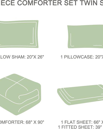 EMME Twin Comforter Set - Sage Green Floral Bedding Set 5 PCS with Flowers Leaves Pattern, Soft Plant Printed Botanical Bed Set with Sheets, Fluffy Bed Bag for All Season(68"X90") - LeafyLoom