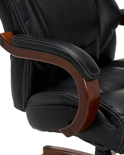 La-Z-Boy Delano Big & Tall Executive Office Chair, High Back Ergonomic Lumbar Support, Bonded Leather, Black with Mahogany Wood Finish - LeafyLoom