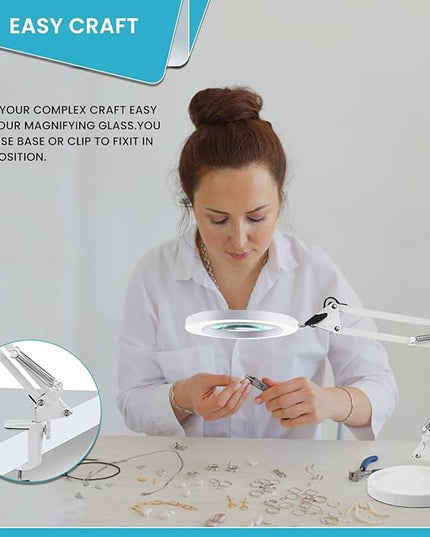 Magnifying Glass with Light and Stand - 2-in-1 Stepless Dimmable LED Magnifying Desk Lamp with Clamp - 3 Color Modes Lighted Magnifier Lens Swivel Arm Light for Reading, Craft, Close Works - LeafyLoom