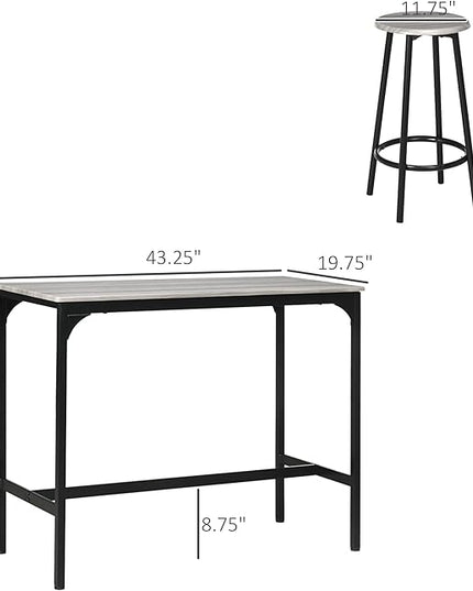 HOMCOM 5-Piece Counter Height Bar Table Set, Rustic 43.25" Dining Table with 4 Bar Stools, Kitchen Table with Wooden Top for Pub, Dining Room, Gray - LeafyLoom