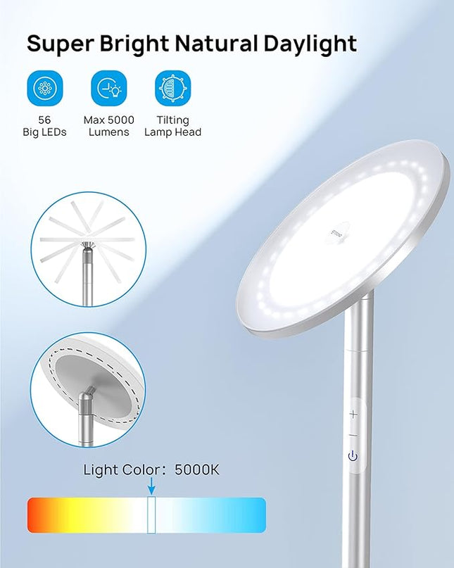 TROND Floor Lamp, Bright Sunlight Lamp, LED Torchiere Standing Light Dimmable, Modular 71-inch Tall Aluminum Pole with Adjustable Height, 5500K Natural Daylight, 30 Mins Timer for Living Room Bedroom - LeafyLoom