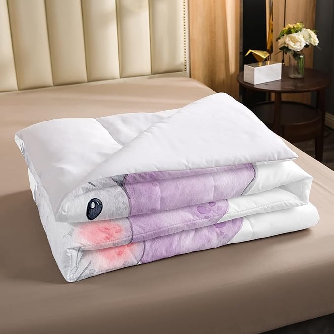 Kids Elephant Bedding Set Cute Animal Comforter Set Queen For Girls Boys Kawaii Room Decor, Flower Branches Duvet Sets Cartoon Elephant With Floral Down Comforter With 2 Pillow Cases, Purple Blue - LeafyLoom