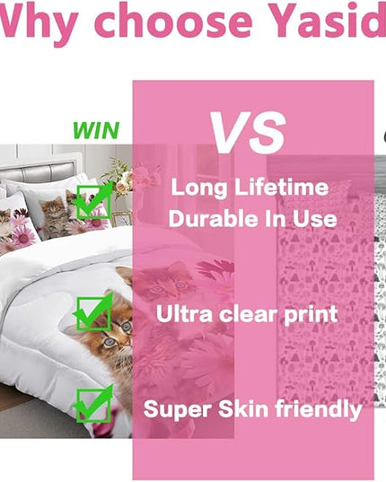 Cat Comforter Set Twin Size for Kids Pink Flowers Cats 3Pcs Bedding Set for boys and Girls (1Summer Comforter+ 2 Pillowcases) Lovely Animal Pets Duvet Set - LeafyLoom