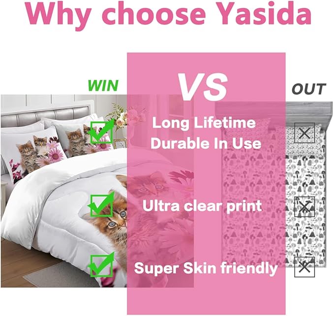 Cat Comforter Set Twin Size for Kids Pink Flowers Cats 3Pcs Bedding Set for boys and Girls (1Summer Comforter+ 2 Pillowcases) Lovely Animal Pets Duvet Set - LeafyLoom