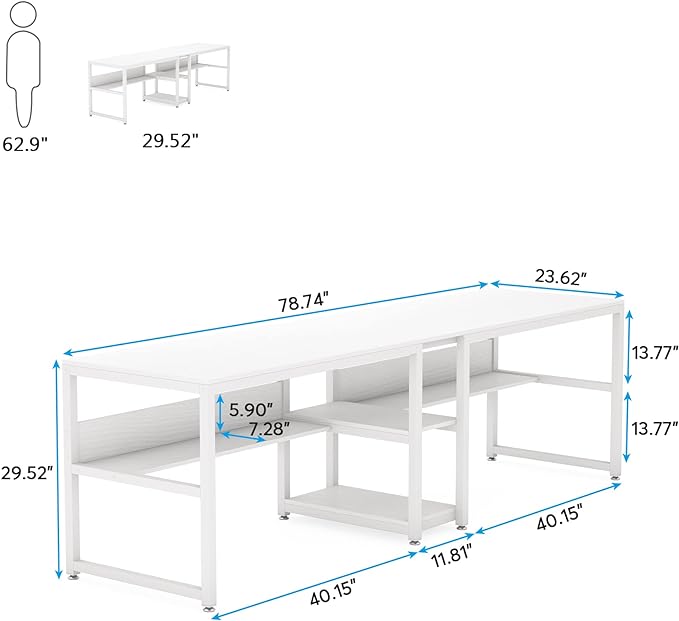 Tribesigns Two Person Desk with Bookshelf, 78.7 Computer Office Double Desk for Two Person, Rustic Writing Desk Workstation with Shelf for Home Office (White) - LeafyLoom