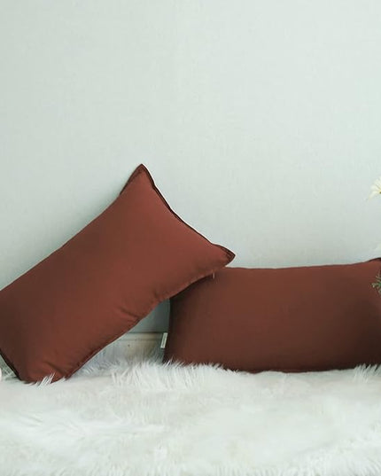 Jeanerlor Natural Cotton Linen Green Decorative 12"x20" Throw Pillow Case Cushion Cover with Twin Needles Stitch on Edge for Lumbar, (30 x 50cm), 2 Pcs, Reddish Brown - LeafyLoom