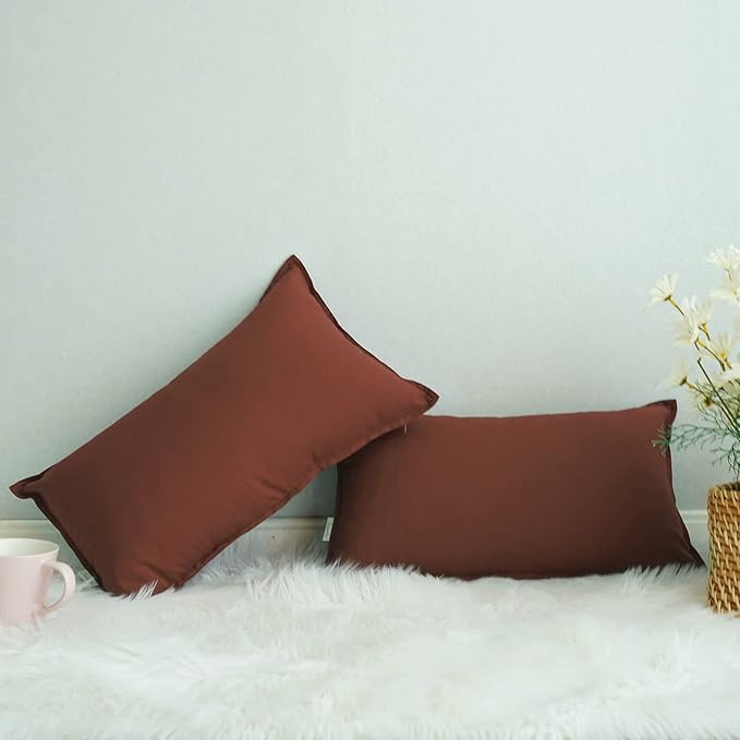 Jeanerlor Natural Cotton Linen Green Decorative 12"x20" Throw Pillow Case Cushion Cover with Twin Needles Stitch on Edge for Lumbar, (30 x 50cm), 2 Pcs, Reddish Brown - LeafyLoom
