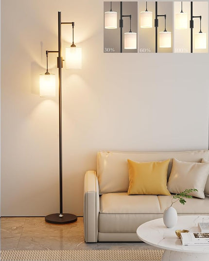 65IN Dimmable (Brightness Adjustable) Tree Floor Lamp, Mid Century Tall Standing Lamps with 2 E26 3000K LED Bulbs, Fabric Shades, Industrial Modern Floor Lamp for Living Room Bedroom - LeafyLoom