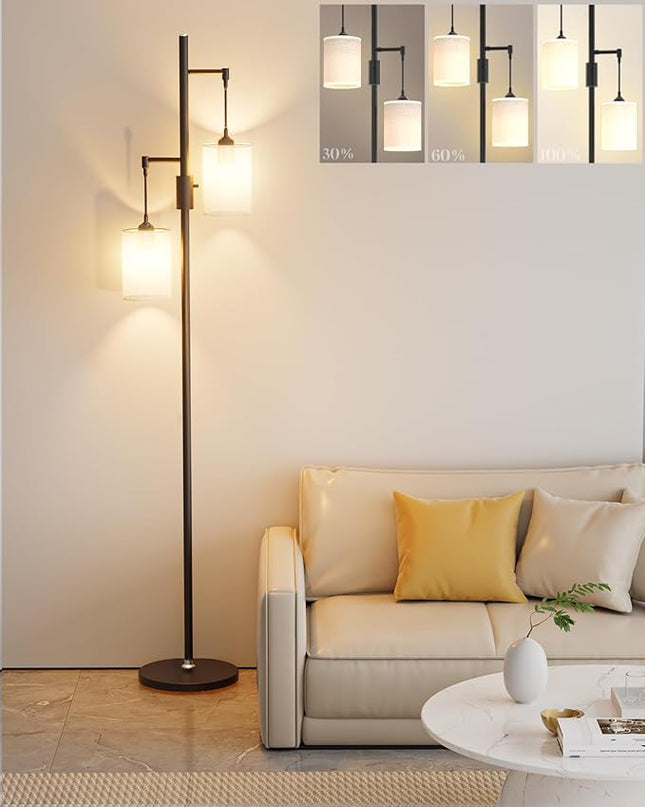 65IN Dimmable (Brightness Adjustable) Tree Floor Lamp, Mid Century Tall Standing Lamps with 2 E26 3000K LED Bulbs, Fabric Shades, Industrial Modern Floor Lamp for Living Room Bedroom - LeafyLoom