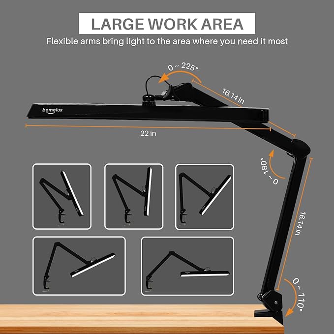 LED Architect Desk Lamp, 2500 Lumens, Dimmable, Metal Swing Arm, 5 Color Temperatures, 30W, Ideal for Task Work, Drafting, Reading, Clamp-on Office Table Lamp with 324 Bright LEDs(Black) - LeafyLoom