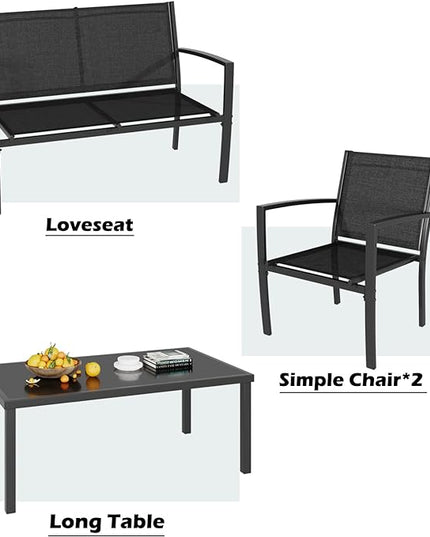 Greesum 4 Pieces Patio Furniture Set, Outdoor Conversation Sets for Patio, Lawn, Garden, Poolside with A Glass Coffee Table, Black - LeafyLoom
