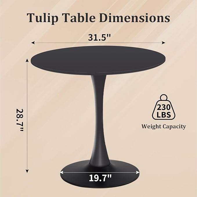 Round Dining Table,31.5”Kitchen Table for 2-4 People,MDF Table Top with Metal Pedestal Base,Tulip Design for Kitchen,Dining Room,Living Room,Leisure,Black - LeafyLoom