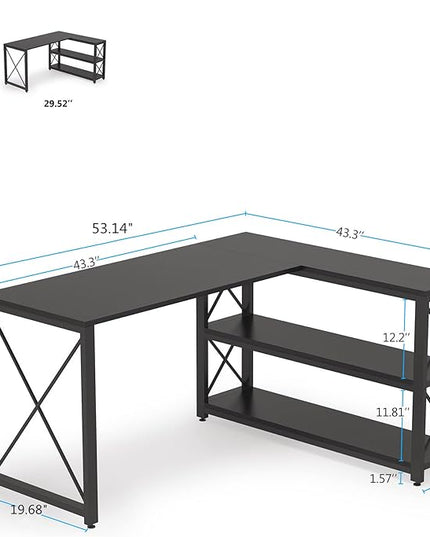 Tribesigns Reversible Industrial L-Shaped Desk with Storage Shelves, Corner Computer Desk PC Laptop Study Table Workstation for Home Office Small Space (Black, 53") - LeafyLoom